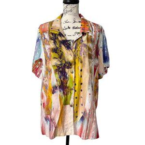 Jams World Facade Top Button-Up Colorful Hawaiian Shirt Short Sleeve Womens XXL